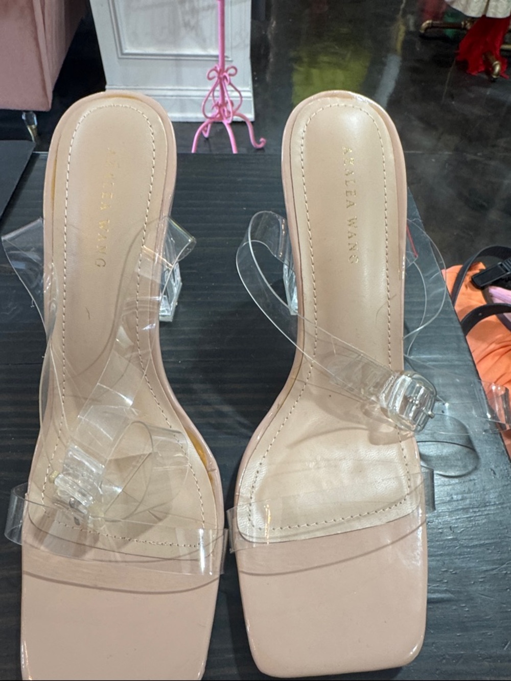 Clear-Strap Nude Heeled Slides by AZALEA WANG